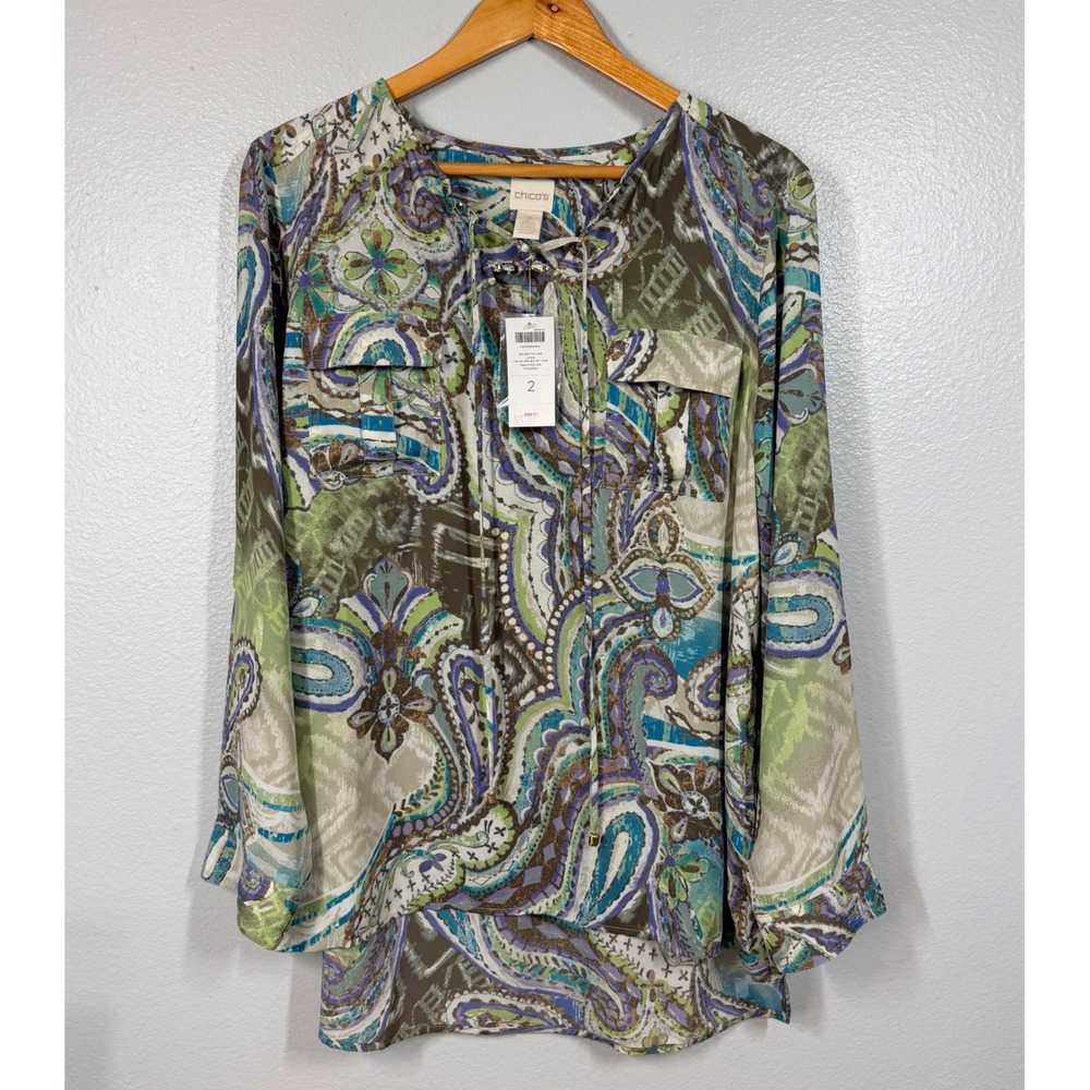 Chico's Top Blouse Women's 2 Large Green Paisley Long Sleeve Tunic‎ Lace Up